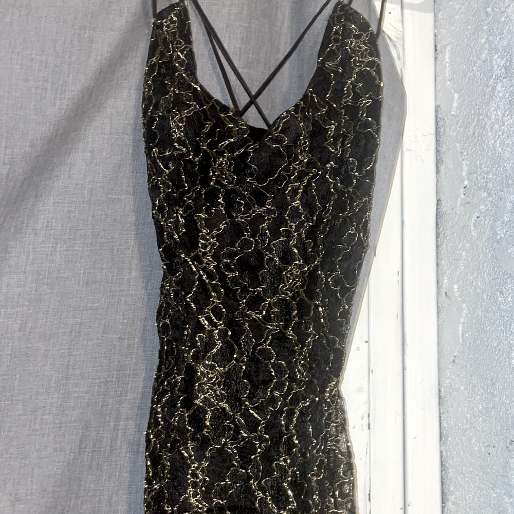 Jessica McClintock black lace gold sequin mini dress